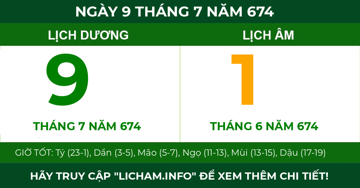 lịch âm ngày 9 tháng 7 năm 674