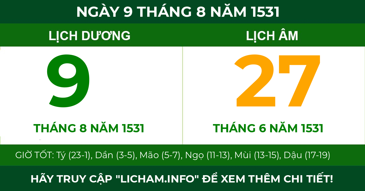 lịch âm ngày 9 tháng 8 năm 1531