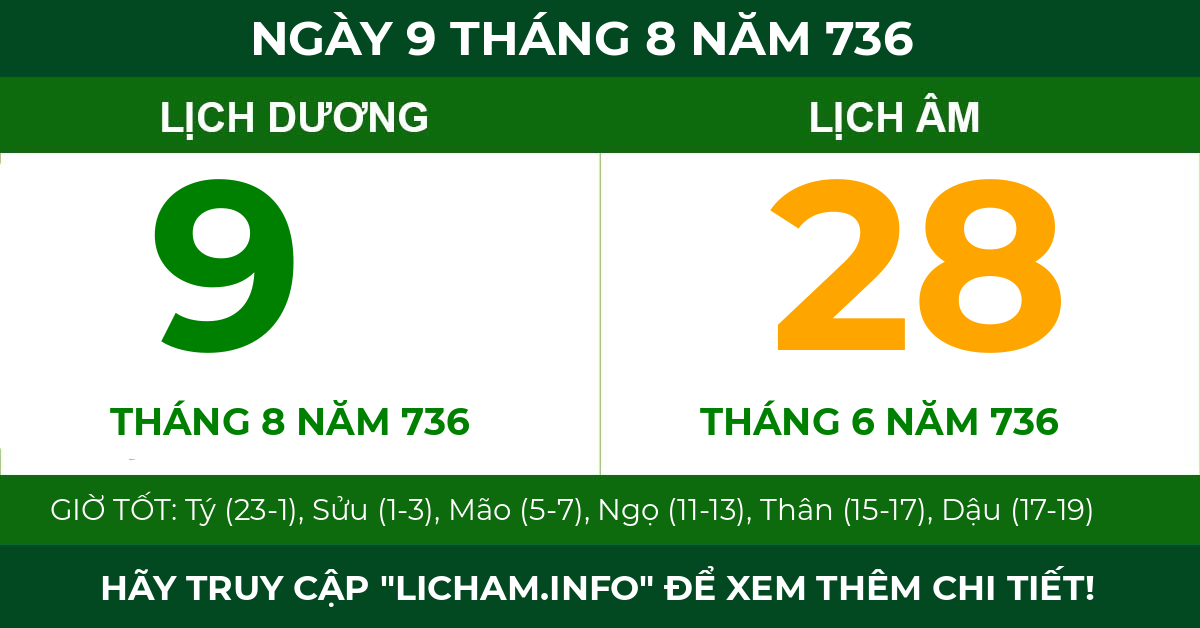 lịch âm ngày 9 tháng 8 năm 736