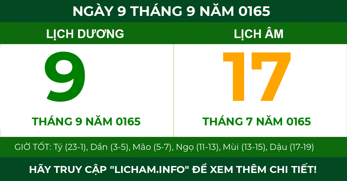 lịch âm ngày 9 tháng 9 năm 0165