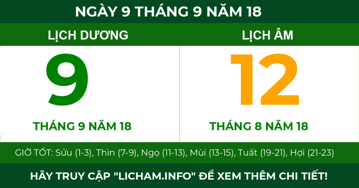 lịch âm ngày 9 tháng 9 năm 18