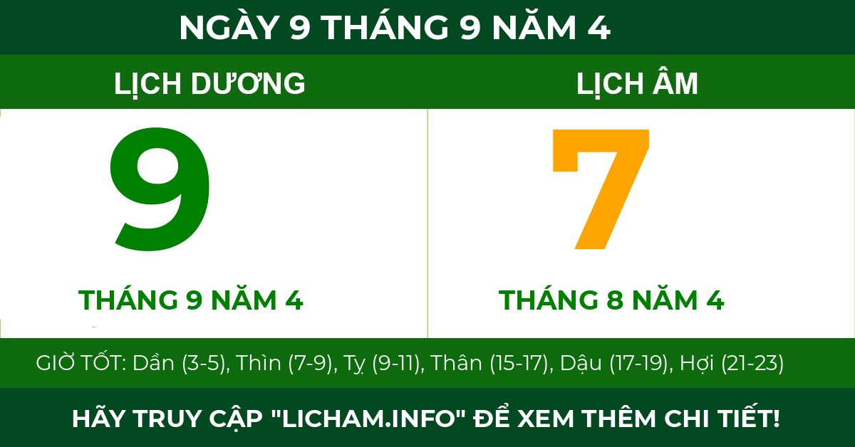 lịch âm ngày 9 tháng 9 năm 4